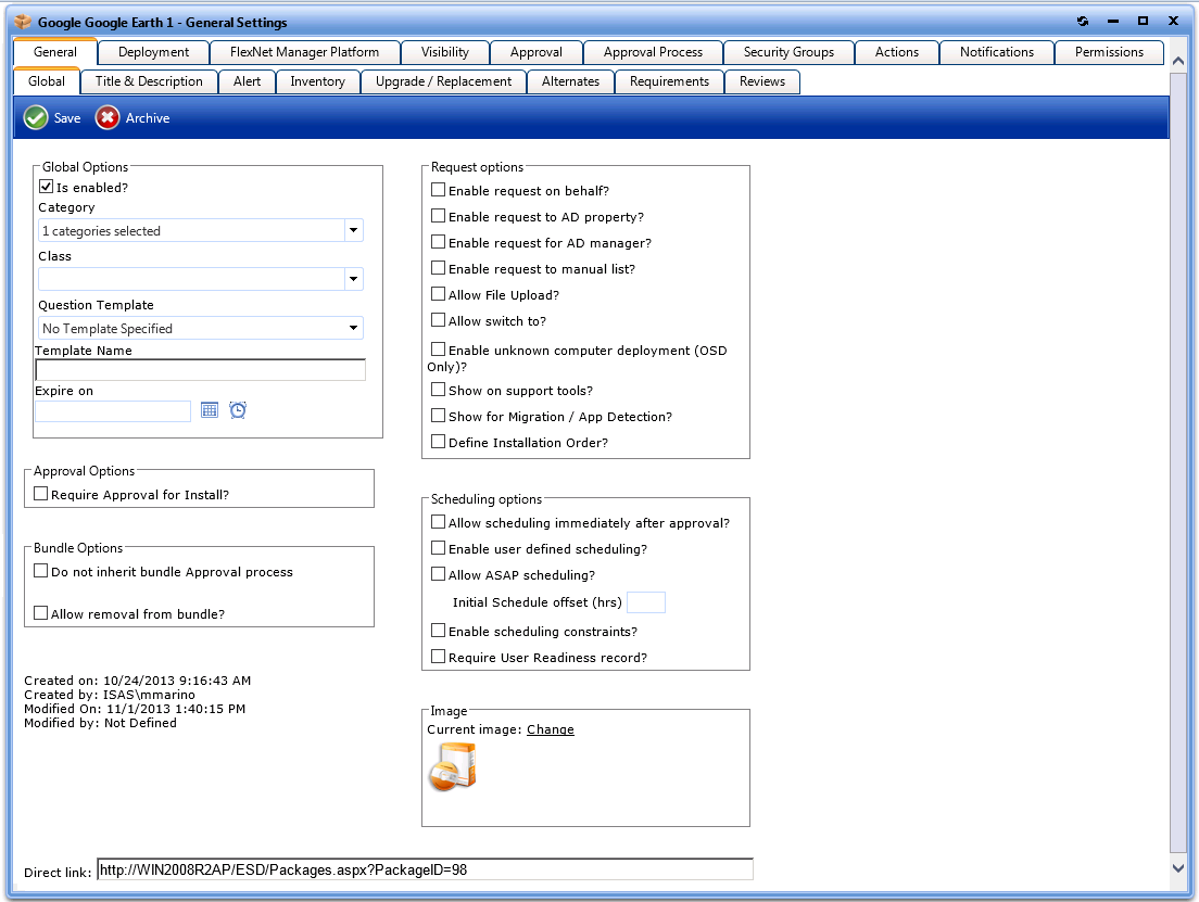 App Portal Catalog Item Properties Dialog Box