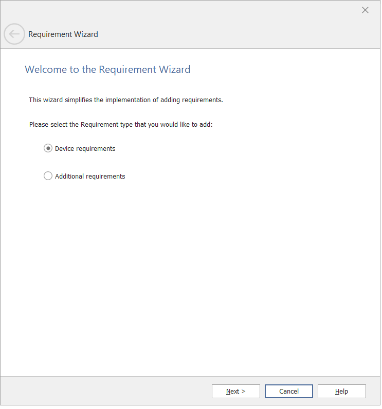 Requirement Wizard / Welcome Panel