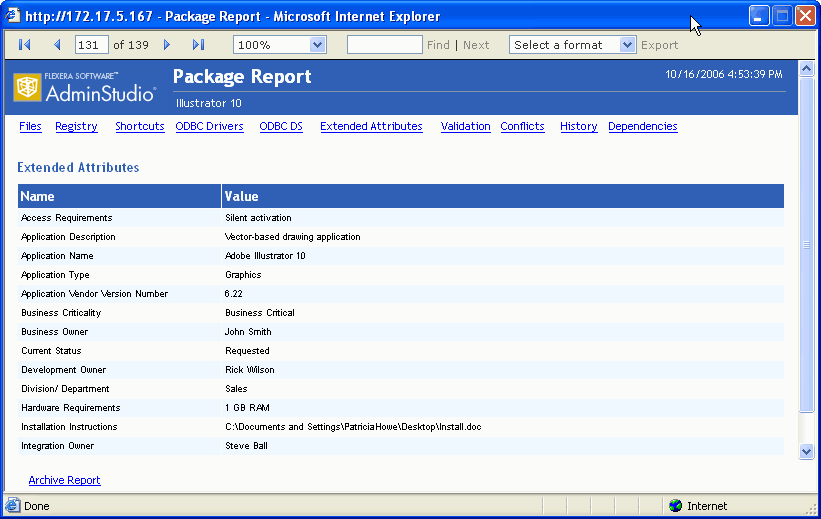 Package Report / Extended Attributes View